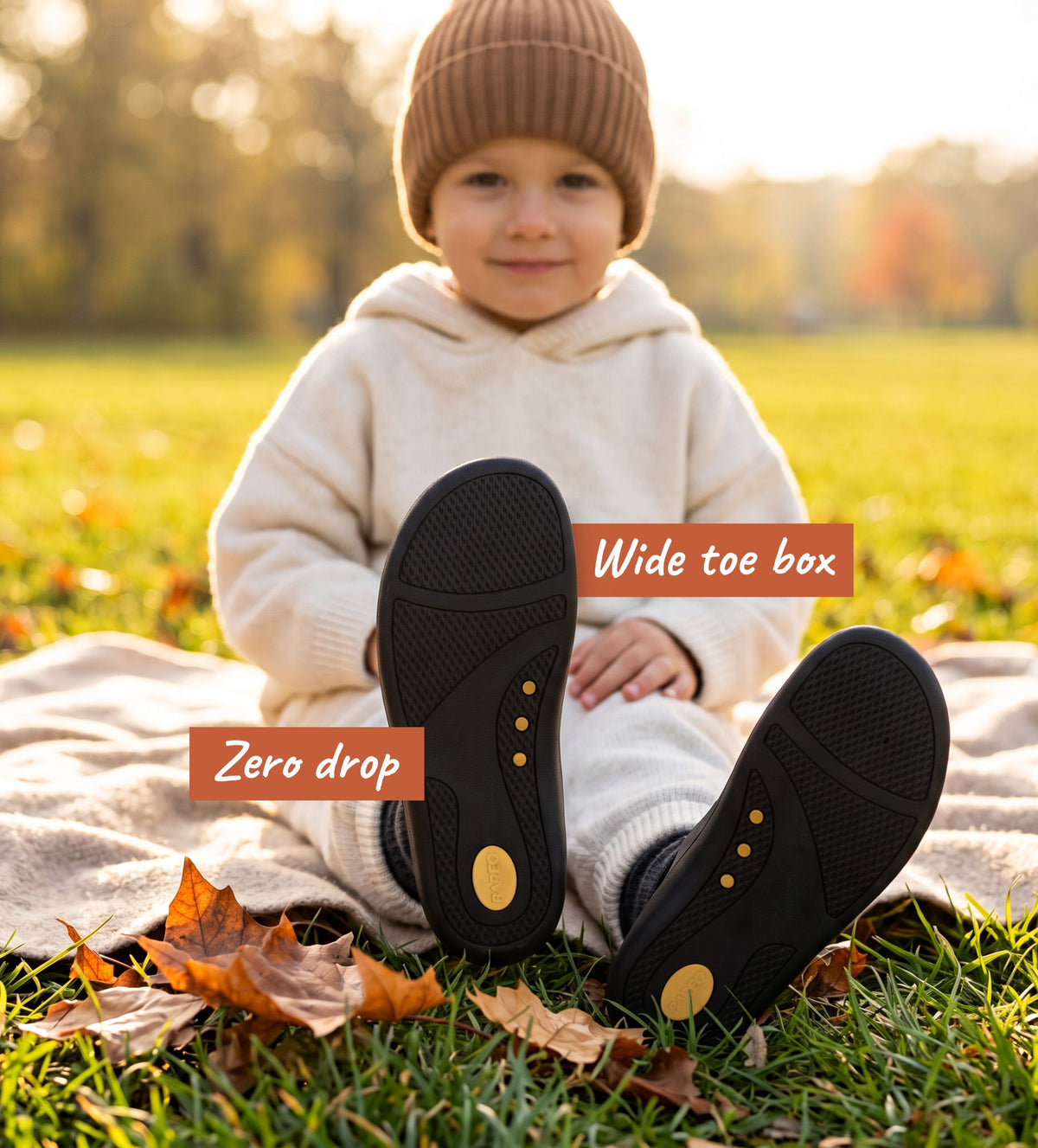Sapatos barefoot Bareo Grow para criança, com biqueira larga, zero drop e sola flexível